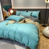 Bộ Chăn Ga Gối Cotton Tici Màu Xanh Phối Viền Bèo Máu Xám  - CTTC05