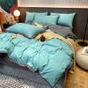 Bộ Chăn Ga Gối Cotton Tici Màu Xanh Phối Viền Bèo Máu Xám  - CTTC05