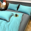 Bộ Chăn Ga Gối Cotton Tici Màu Xanh Phối Viền Bèo Máu Xám  - CTTC05
