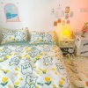 Bộ Chăn Ga Gối 5 Món Cotton Poly Hàn Quốc In Hình Con Gấu Xanh Phối Nền Màu Trắng Xanh - CP14