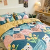 Bộ Chăn Ga Gối 5 Món Cotton Poly Hàn Quốc In Hình Con Mèo Phối Nền Màu Xanh Hồng - CP20