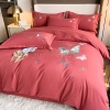 Bộ Chăn Ga Gối Cotton Sateen Thêu Hình Cánh Bướm Trên Nền Đỏ - CTST03