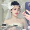 cài hoa voan cô dâu mũ trùm đầu hoa lụa ngoc trai phong cách rừng cổ điển mũ váy cưới - cd231