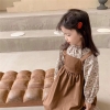 Set áo hoa váy yếm nâu Vintage
