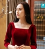 Áo dài nhung the đỏ cổ vuông tay bồng Linne'