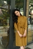Váy linen vàng mustard nhún vai măng séc dài cúc trước FALLEAF