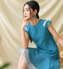 Váy tơ xanh xước đuôi cá tay raglan ba tầng LI3WAVE