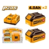Bộ 2 Pin 4.0Ah (FBLI20021) Và 1 Đầu Sạc (FCLI2001) Lithium-Ion P20S 20V INGCO FBCPK1424