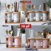 🔴OUTLET | Kệ đựng ống đũa bằng gốm sứ - kệ gỗ, có đĩa hứng nước sạch sẽ phong cách Bắc Âu ảnh 2