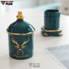 【Xả Kho】Ống Đựng Tăm Đặt Bàn Gốm Sứ Sang Trọng Với Màu Xanh Ngọc Lục Bảo | Có Nắp Đậy Kín & Viền Vàng Nổi Bật ảnh 2