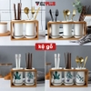 🔴OUTLET | Kệ đựng ống đũa bằng gốm sứ - kệ gỗ, có đĩa hứng nước sạch sẽ phong cách Bắc Âu ảnh 3