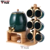 Bộ Chum Đựng Nước & Rượu, Kèm Tách Bằng Gốm Sứ & Kệ Gỗ Sang Trọng | Màu Xanh Ngọc Lục Bảo Cao Cấp - gia dụng plus