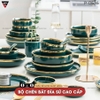 Bộ Đồ Ăn Chén Bát Đĩa Tô Sứ Xanh Ngọc Lục Bảo Viền Vàng Phong Cách Bắc Âu Cao Cấp | Qianhuiju - gia dụng plus
