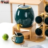Bộ Chum Đựng Nước Kèm Tách Bằng Gốm Sứ & Kệ Gỗ Sang Trọng | Màu Xanh Ngọc Lục Bảo Cao Cấp ảnh 3