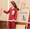 Set đồ mặc nhà cho nữ màu đỏ đô viền ren trắng