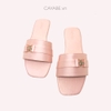 Dép quai ngang nữ CAYABE màu lụa satin hồng mũi vuông gắn khoá đá trang trí