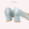 Giày cao gót nữ CAYABE gót vuông lụa satin bạc gắn khoá tròn trang trí 5P0001
