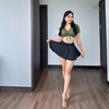Đồ bơi nữ hai mảnh dáng váy xòe phối áo tay ngắn màu rêu | DỨA BIKINI & SPORTWEAR