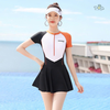 Đồ bơi nữ liền thân dáng váy tay ngắn swimming phối màu cam trắng | DỨA BIKINI & SPORTWEAR