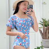 Đồ bơi nữ liền thân nhún ngực tay ngắn hoa nhí xanh | DỨA BIKINI & SPORTWEAR