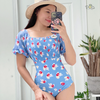 Đồ bơi nữ liền thân nhún ngực tay ngắn hoa nhí xanh | DỨA BIKINI & SPORTWEAR