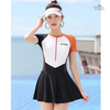 Đồ bơi nữ liền thân dáng váy tay ngắn swimming phối màu cam trắng | DỨA BIKINI & SPORTWEAR