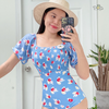 Đồ bơi nữ liền thân nhún ngực tay ngắn hoa nhí xanh | DỨA BIKINI & SPORTWEAR