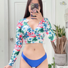 Đồ bơi nữ hai mảnh dáng tay dài họa tiết phối cùng quần xanh cạp thấp | DỨA BIKINI & SPORTWEAR