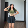 Đồ bơi nữ hai mảnh dáng váy xòe phối áo tay ngắn màu rêu | DỨA BIKINI & SPORTWEAR