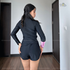 Clamfit Bikini | Đồ bơi nữ hai mảnh tay dài quần đùi năng động màu xanh đen phối tay hồng| DỨA BIKINI &SPORTWEAR