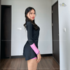 Clamfit Bikini | Đồ bơi nữ hai mảnh tay dài quần đùi năng động màu xanh đen phối tay hồng| DỨA BIKINI &SPORTWEAR