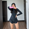 Clamfit Bikini | Đồ bơi nữ hai mảnh tay dài quần đùi năng động màu xanh đen phối tay hồng| DỨA BIKINI &SPORTWEAR