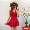 Bikini liền váy nhún eo màu đỏ đô