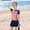Đồ bơi nữ hai mảnh dáng váy tay ngắn viền sọc hồng sunshiny | DỨA BIKINI & SPORTWEAR