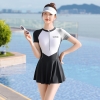 Đồ bơi nữ liền thân dáng váy tay ngắn swimming phối màu xám trắng | DỨA BIKINI & SPORTWEAR
