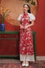 Áo dài họa tiết đỏ/hồng tay phồng - VN Long dress