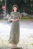 Áo dài truyền thống tay dài đuôi họa tiết 3D xanh rêu - VN Long dress
