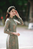 Áo dài truyền thống tay dài đuôi họa tiết 3D xanh rêu - VN Long dress