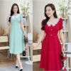 Đầm xòe cổ phối ren, đính nút, tay phồng - GR0284