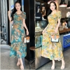 Đầm maxi form dài, cổ xếp cách điệu, xếp ly eo -GR0309