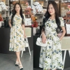 Đầm xòe họa tiết cách điệu cổ đính nút, tay phồng, có túi - GR0322