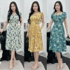 Đầm xòe họa tiết hoa nhí, cổ khoét V đính ngọc, đính nút, tay búp s...