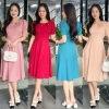Đầm xòe trơn cổ tròn đính hoa lá kết ngọc, tay phồng - GR0329