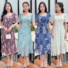 Đầm xòe họa tiết hoa, cổ vuông, bèo tầng, tay loe - GR0332