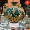 Bình hút lộc H35 Chim công đắp nổi nền xanh lục Vẽ vàng kim