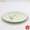 Đĩa bầu dục trơn men kem vẽ đào xanh