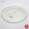Đĩa bầu dục trơn men kem vẽ đào xanh