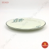 Đĩa bầu dục trơn men kem vẽ sen xanh