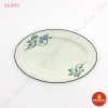 Đĩa bầu dục trơn men kem vẽ sen xanh