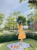 20/V066/02 VÁY VOAN XÒE, CT, ĐAI EO, HOA VÀNG